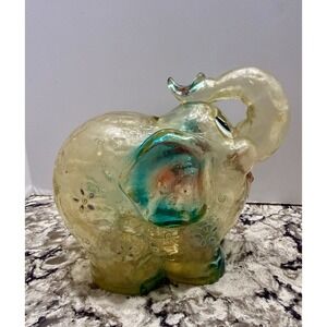 Vintage Clear Plastic Melamine Resin Elephant Piggy Bank Pink Blue Green Floral